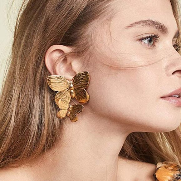 Gold Butterflies Summer Statement Earrings - Picture 4 of 8